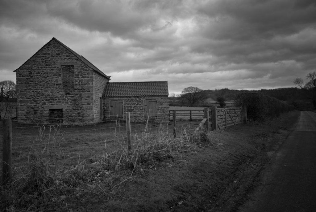 Black and white image of Yorkshire barn near Lastingham, North Yorkshire